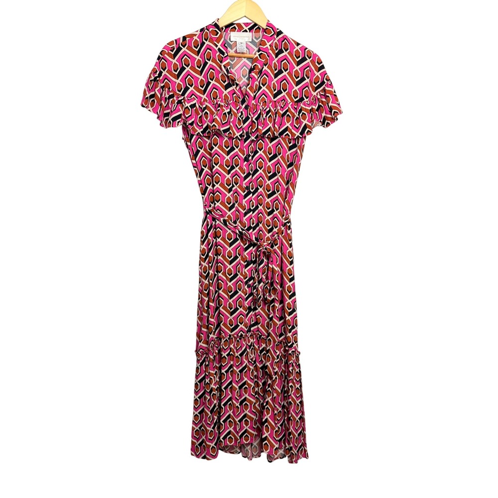 Corey Lynn Calter Anthropologie Pink Geometric Ruffle Midi Shirt Dress Medium
